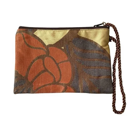 Women's brown orange tan zippered wristlet pouch clutch bag rope wrist strap - Picture 2 of 4